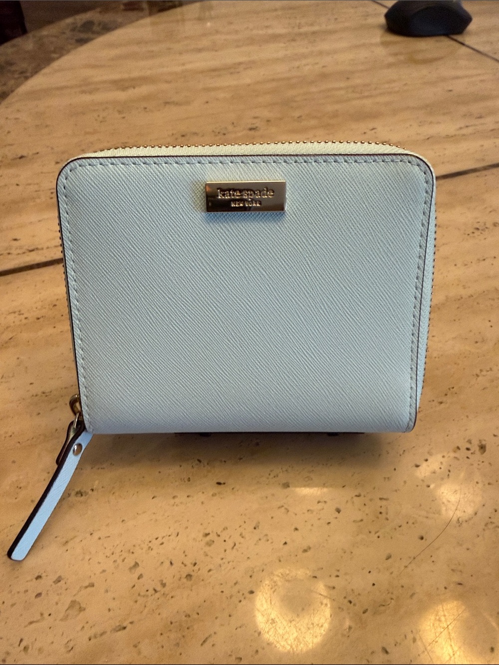 kate spade light blue saffiano zip-around wallet with wristlet